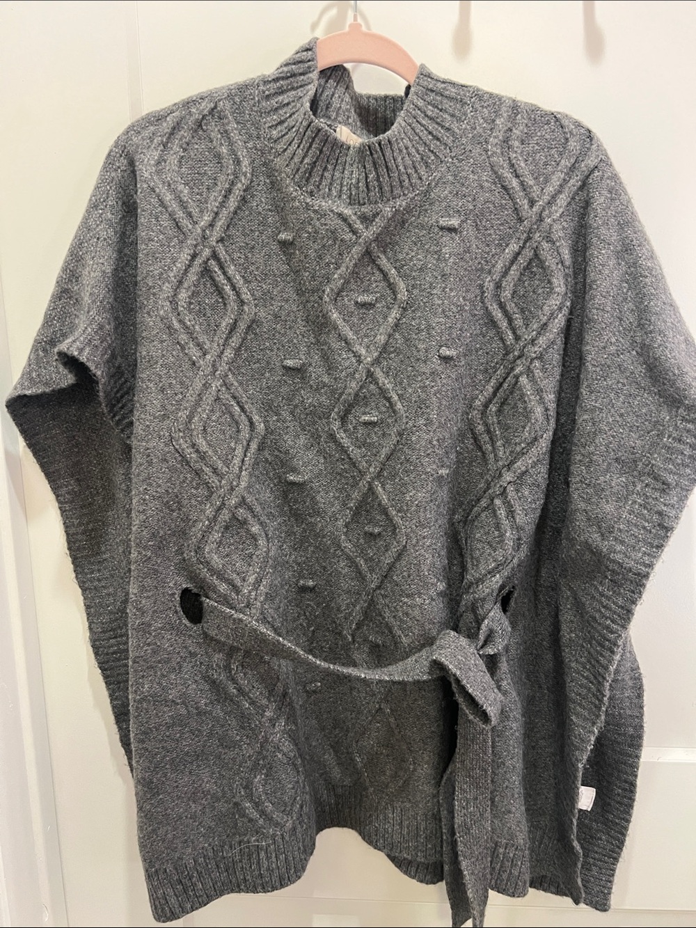 Gray Cable-Knit Poncho Sweater with Belt